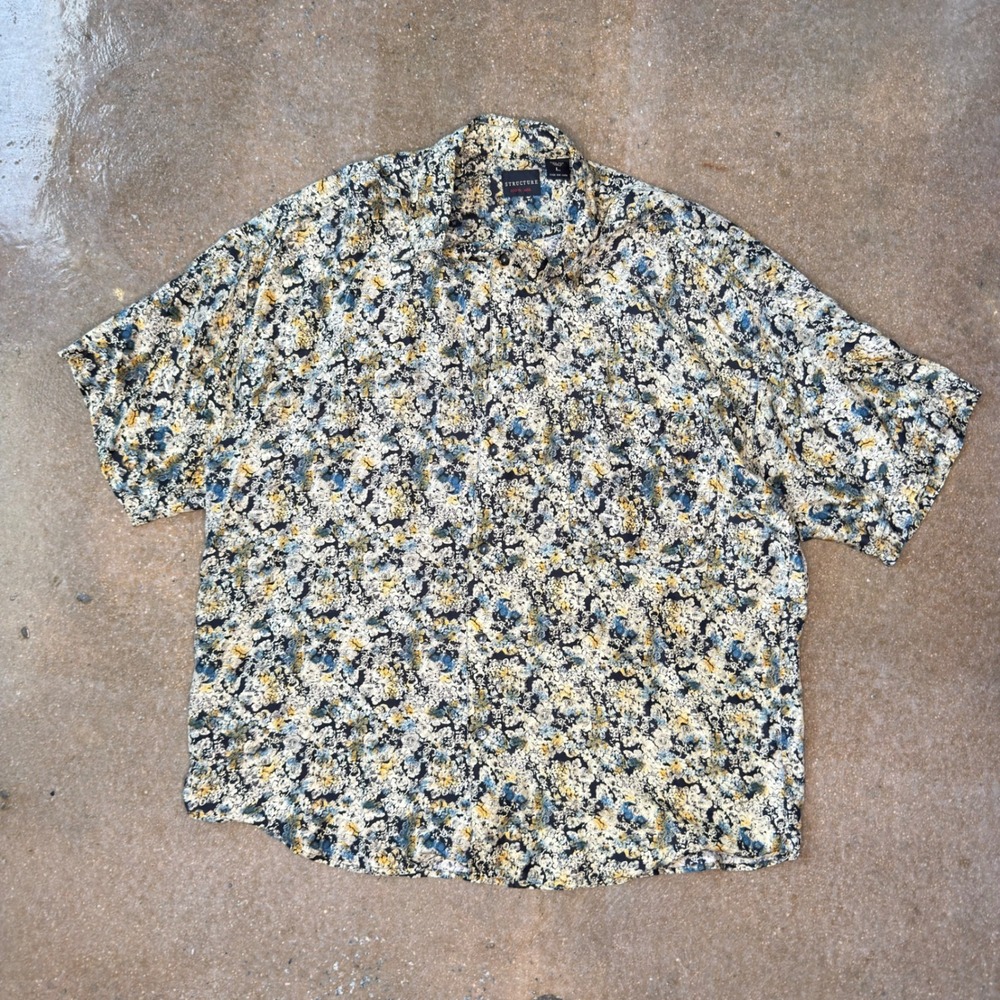 Structure Mens Large 100% Silk Shirt Short Sleeve Floral Button Down Vintage L